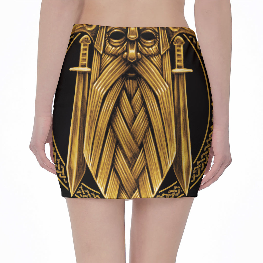 Gold Viking Norse God Odin Print Pencil Mini Skirt