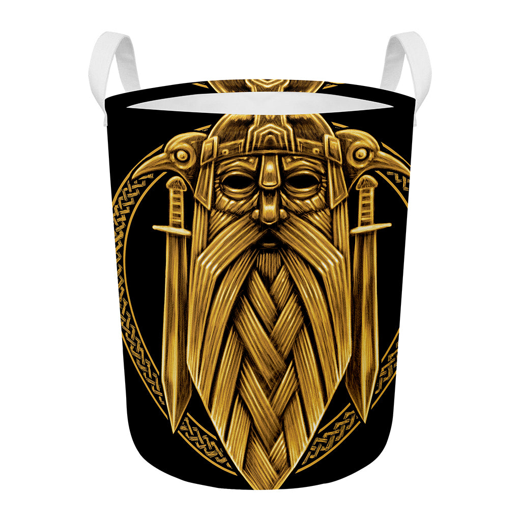 Gold Viking Norse God Odin Print Round Laundry Basket