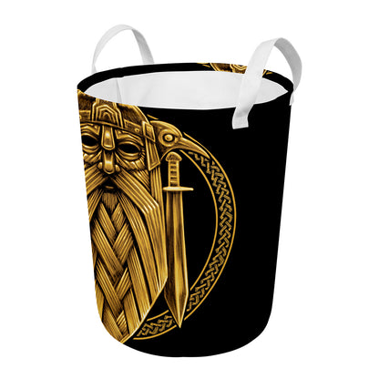 Gold Viking Norse God Odin Print Round Laundry Basket