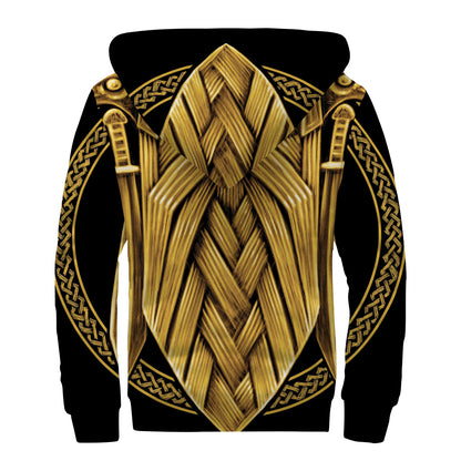Gold Viking Norse God Odin Print Sherpa Lined Zip Up Hoodie
