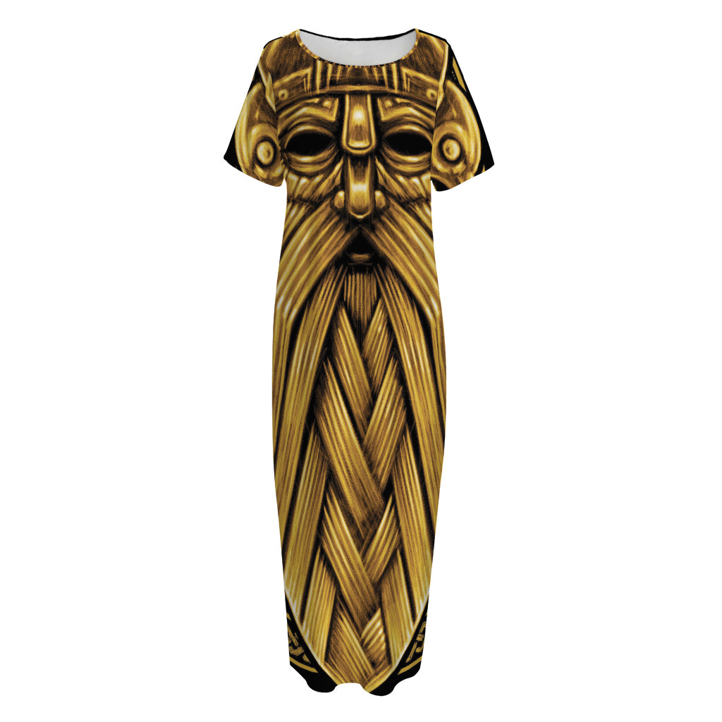 Gold Viking Norse God Odin Print Short Sleeve Long Nightdress