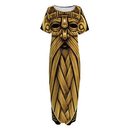 Gold Viking Norse God Odin Print Short Sleeve Long Nightdress