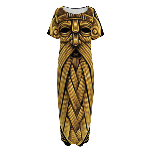 Gold Viking Norse God Odin Print Short Sleeve Long Nightdress