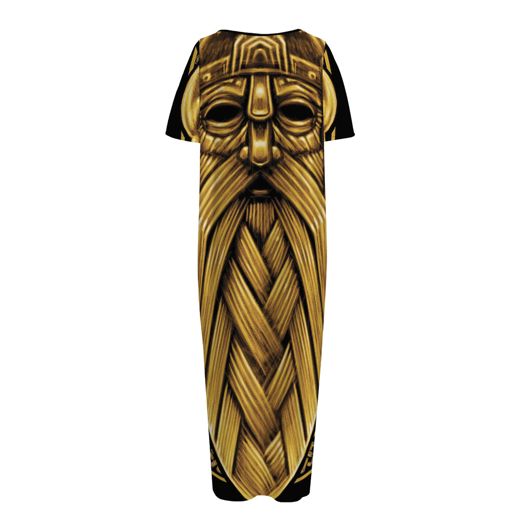 Gold Viking Norse God Odin Print Short Sleeve Long Nightdress