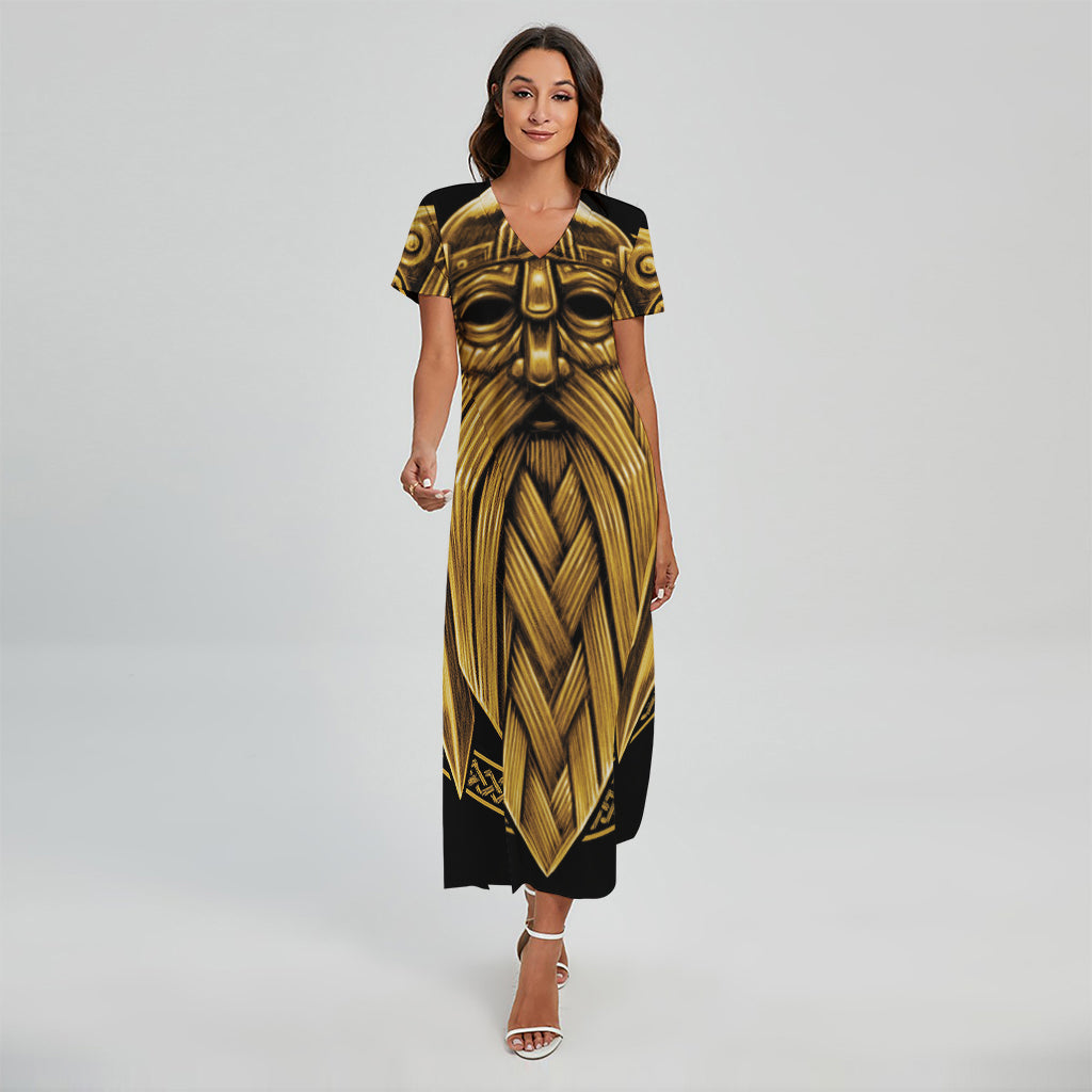 Gold Viking Norse God Odin Print Short Sleeve Maxi Dress