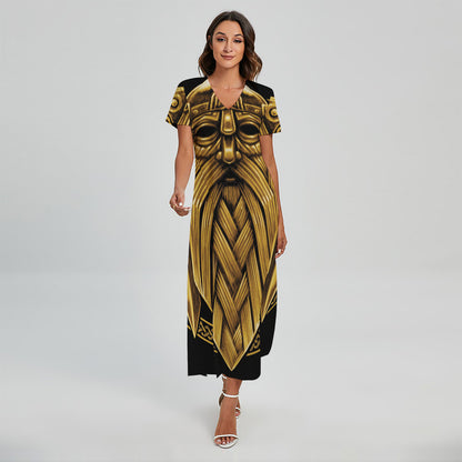 Gold Viking Norse God Odin Print Short Sleeve Maxi Dress