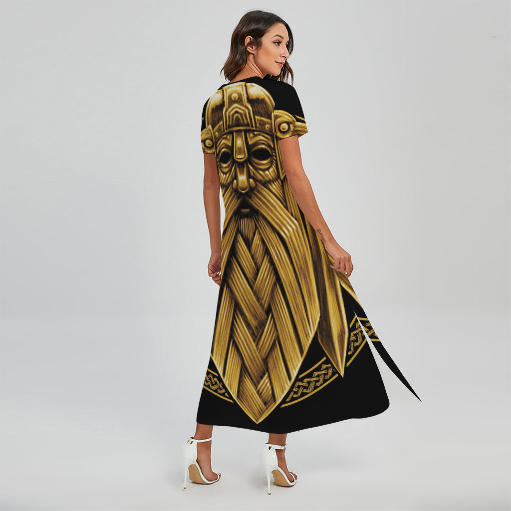 Gold Viking Norse God Odin Print Short Sleeve Maxi Dress