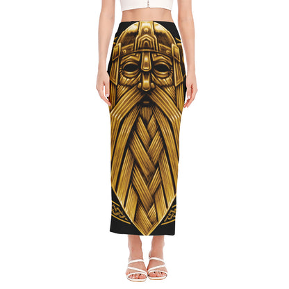 Gold Viking Norse God Odin Print Side Slit Maxi Skirt