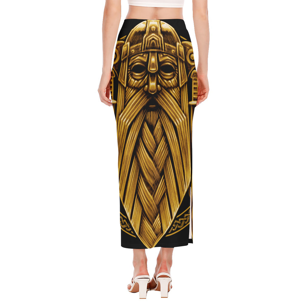 Gold Viking Norse God Odin Print Side Slit Maxi Skirt