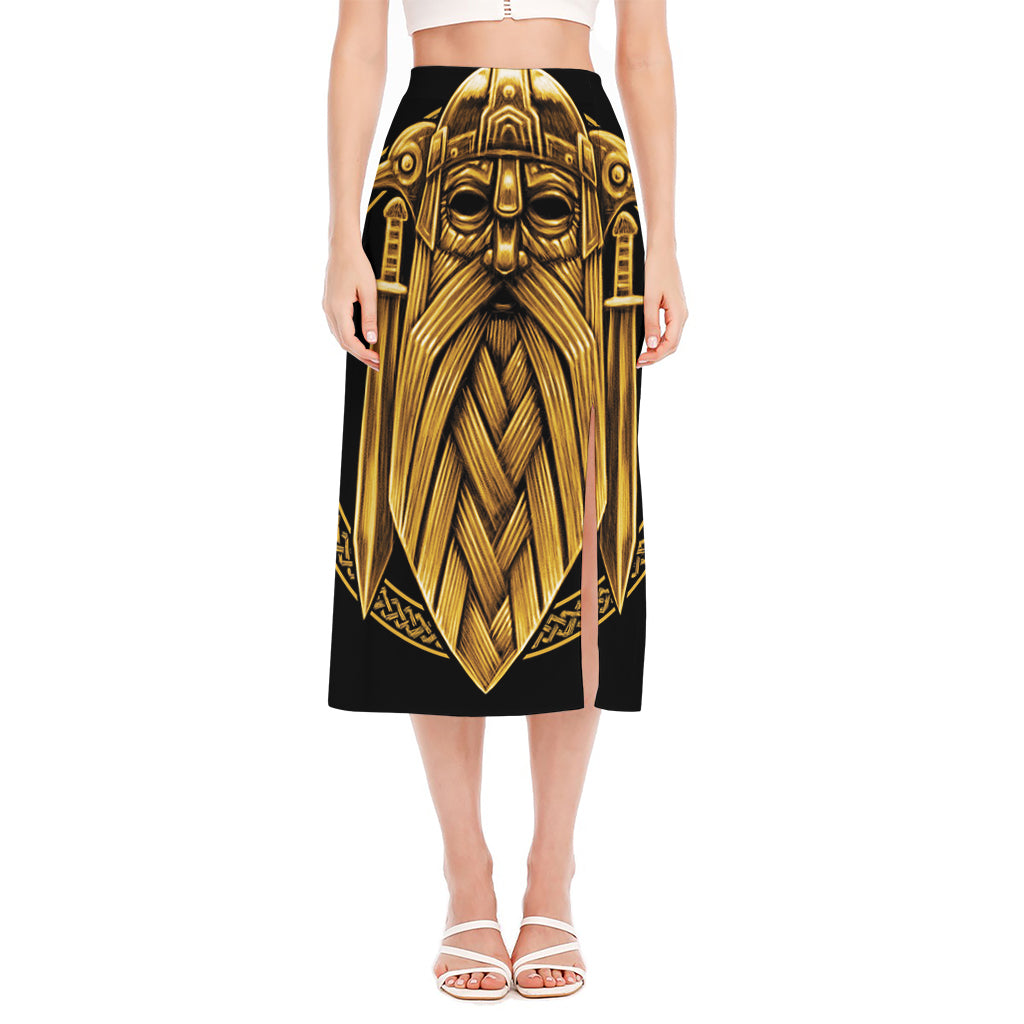 Gold Viking Norse God Odin Print Side Slit Midi Skirt