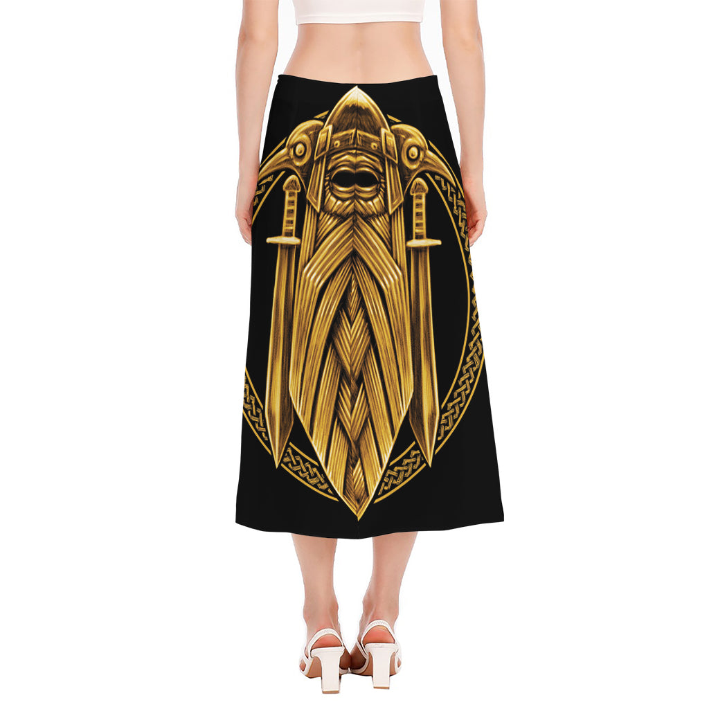 Gold Viking Norse God Odin Print Side Slit Midi Skirt