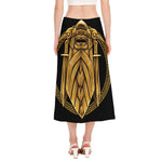 Gold Viking Norse God Odin Print Side Slit Midi Skirt