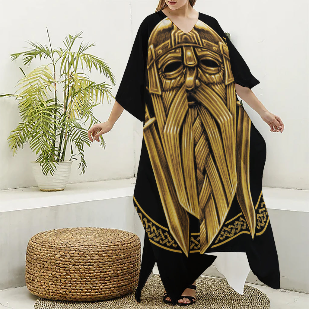 Gold Viking Norse God Odin Print Silk V-Neck Kaftan Dress