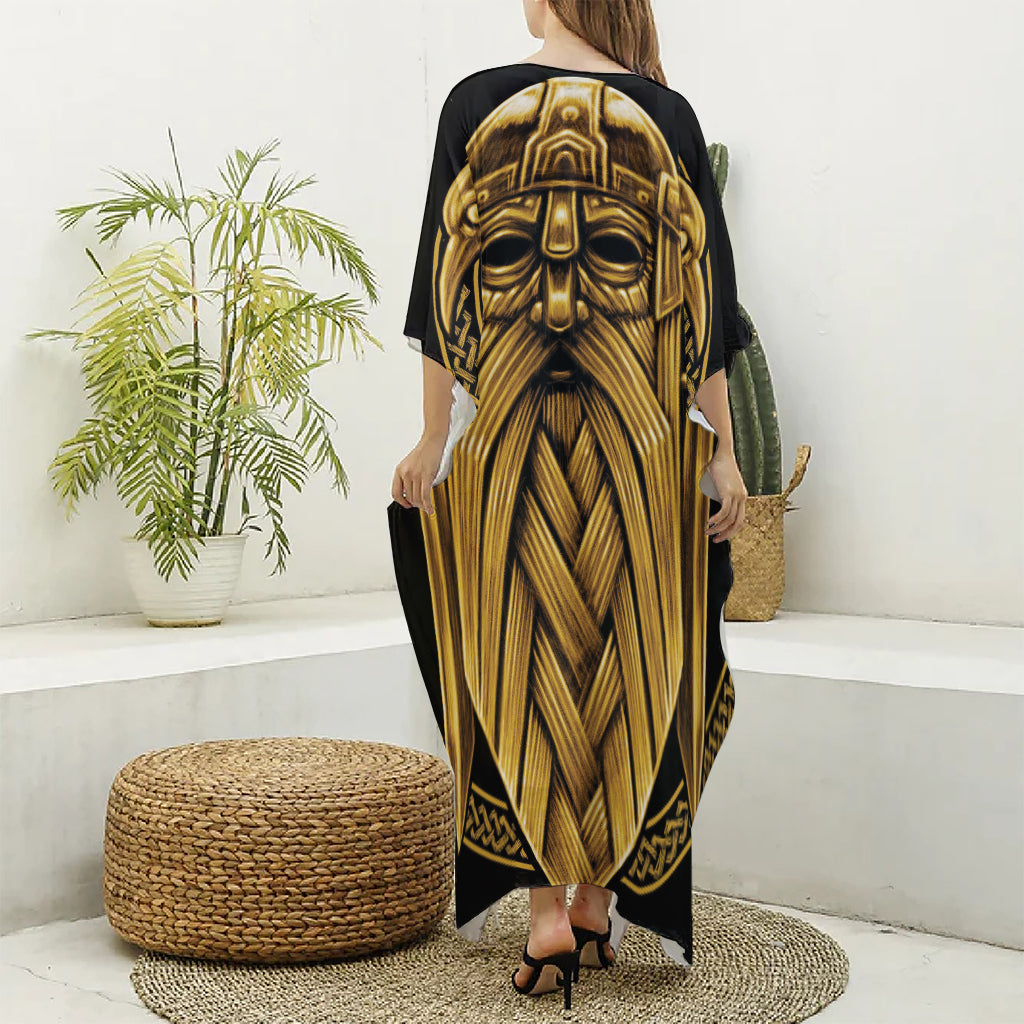 Gold Viking Norse God Odin Print Silk V-Neck Kaftan Dress