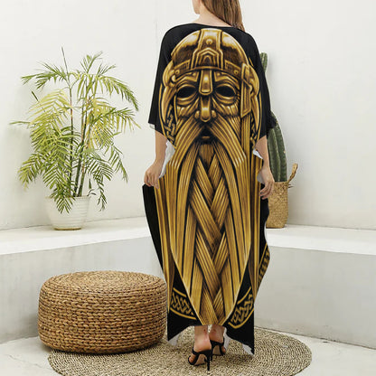 Gold Viking Norse God Odin Print Silk V-Neck Kaftan Dress