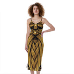 Gold Viking Norse God Odin Print Slim Fit Midi Cami Dress