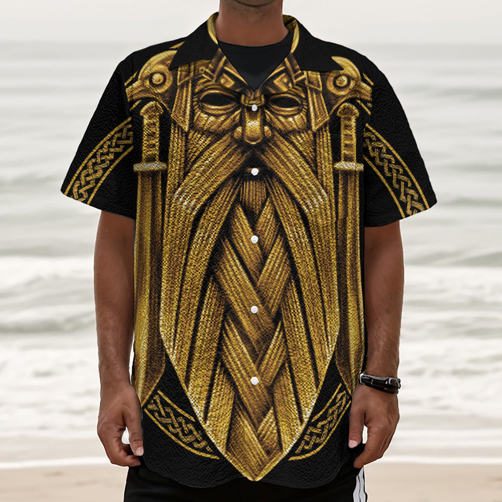 Gold Viking Norse God Odin Print Textured Short Sleeve Shirt