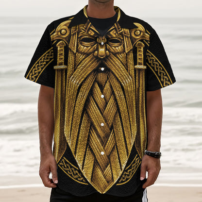 Gold Viking Norse God Odin Print Textured Short Sleeve Shirt
