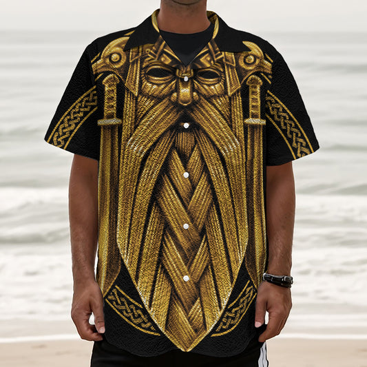 Gold Viking Norse God Odin Print Textured Short Sleeve Shirt
