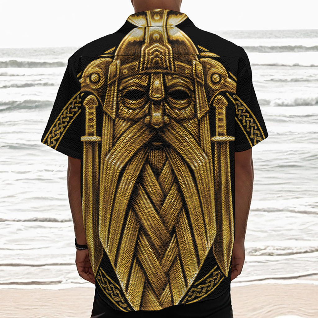 Gold Viking Norse God Odin Print Textured Short Sleeve Shirt