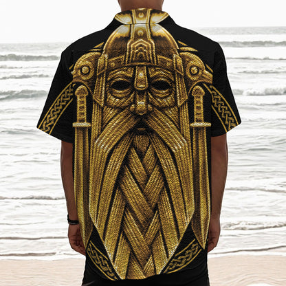 Gold Viking Norse God Odin Print Textured Short Sleeve Shirt