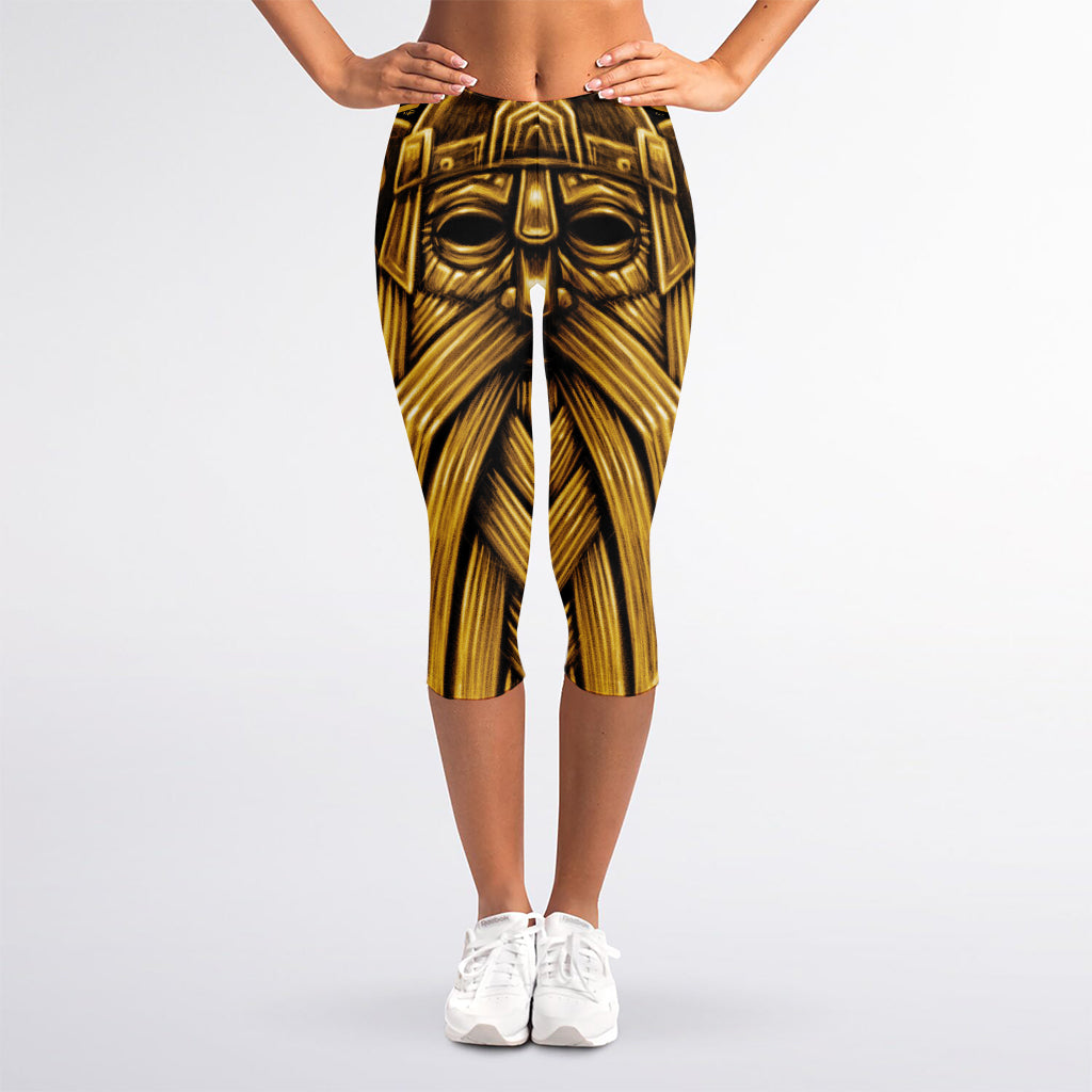Gold Viking Norse God Odin Print Women's Capri Leggings