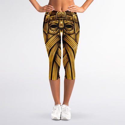 Gold Viking Norse God Odin Print Women's Capri Leggings