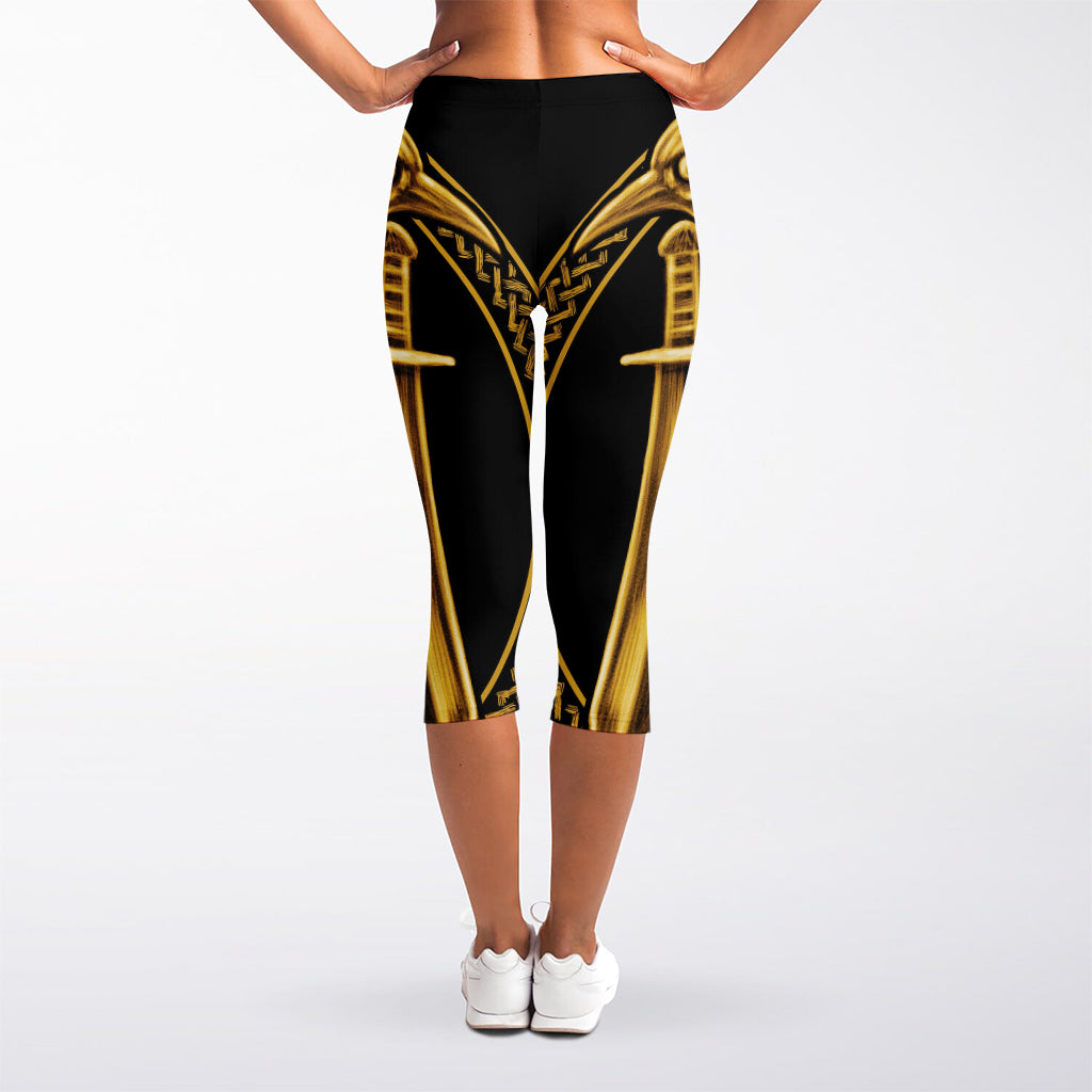 Gold Viking Norse God Odin Print Women's Capri Leggings