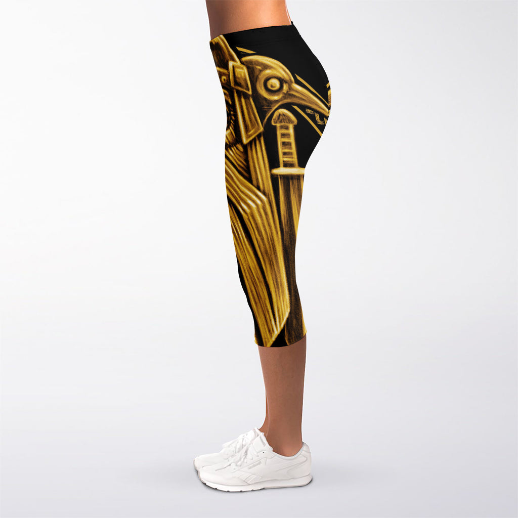 Gold Viking Norse God Odin Print Women's Capri Leggings
