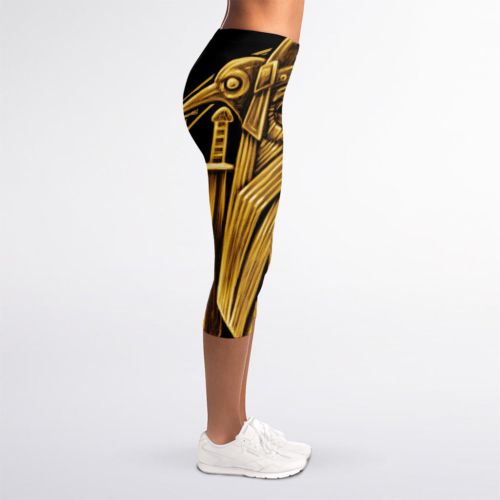Gold Viking Norse God Odin Print Women's Capri Leggings