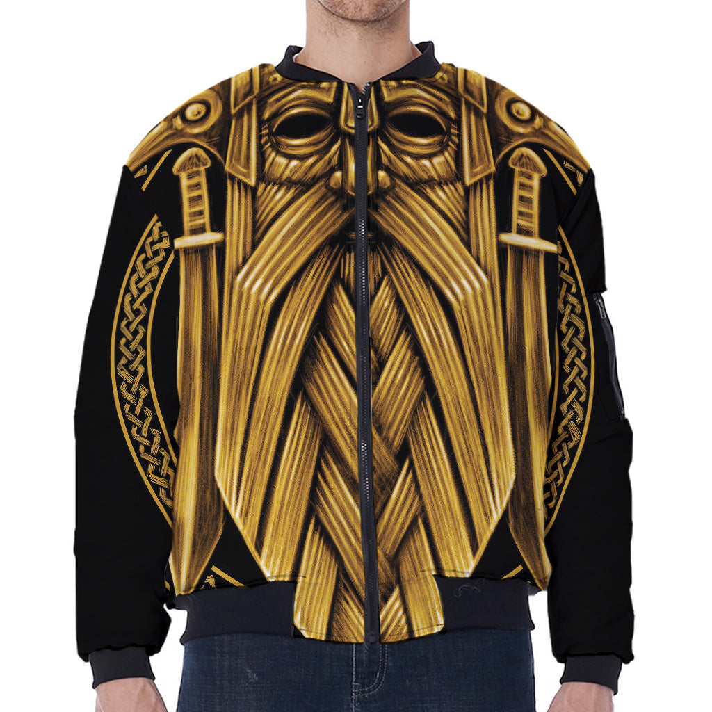 Gold Viking Norse God Odin Print Zip Sleeve Bomber Jacket
