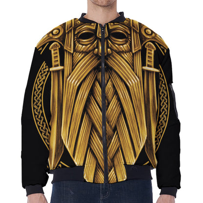 Gold Viking Norse God Odin Print Zip Sleeve Bomber Jacket