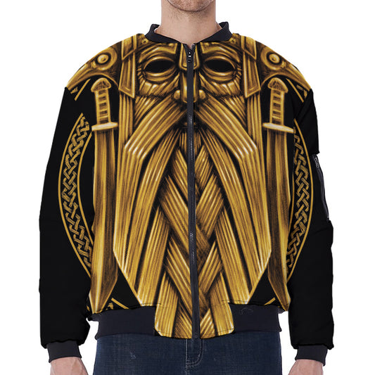 Gold Viking Norse God Odin Print Zip Sleeve Bomber Jacket