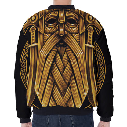 Gold Viking Norse God Odin Print Zip Sleeve Bomber Jacket