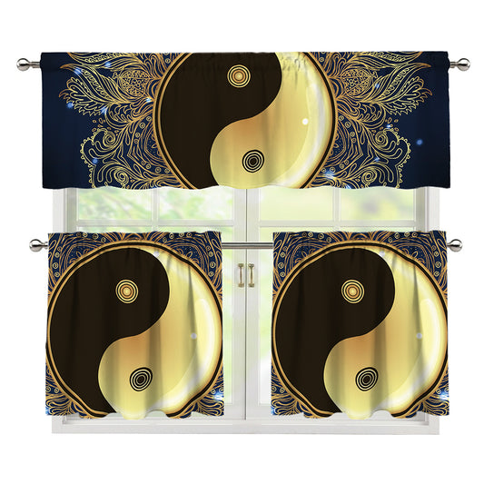 Gold Yin Yang Mandala Print 3 Piece Kitchen Curtains