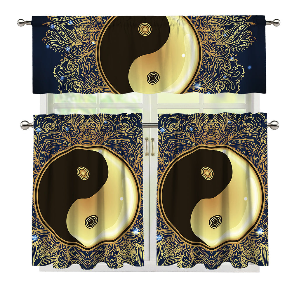 Gold Yin Yang Mandala Print 3 Piece Kitchen Curtains