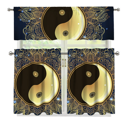 Gold Yin Yang Mandala Print 3 Piece Kitchen Curtains