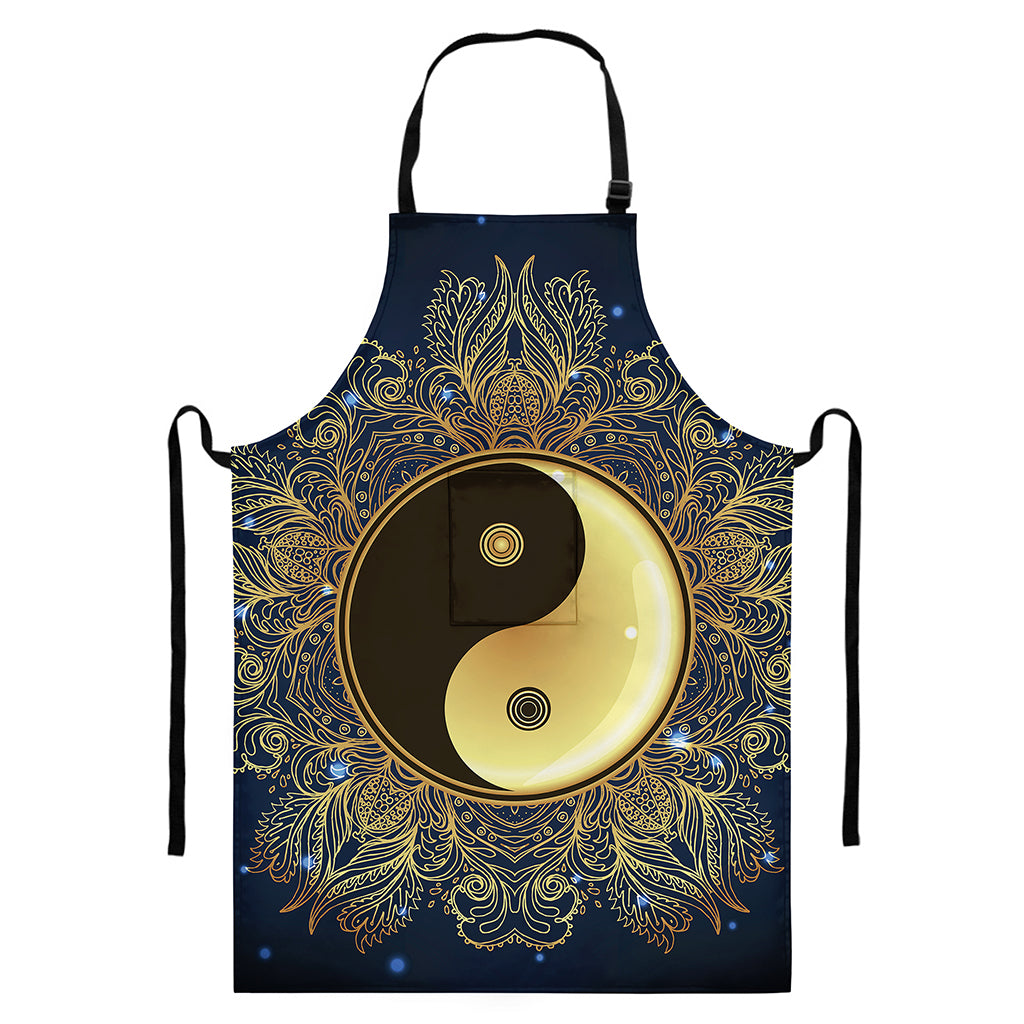Gold Yin Yang Mandala Print Bib Apron With Pocket