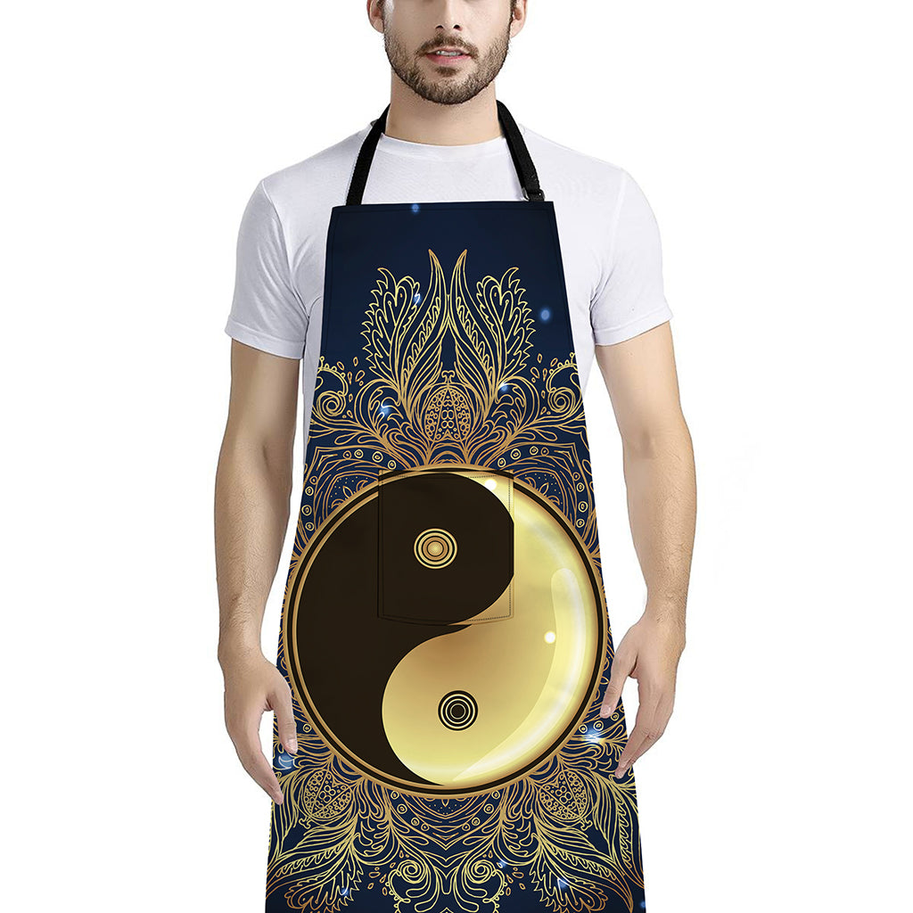 Gold Yin Yang Mandala Print Bib Apron With Pocket