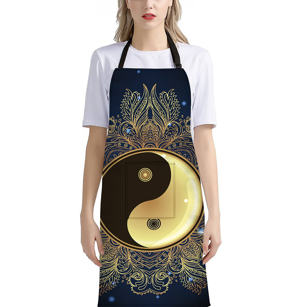 Gold Yin Yang Mandala Print Bib Apron With Pocket