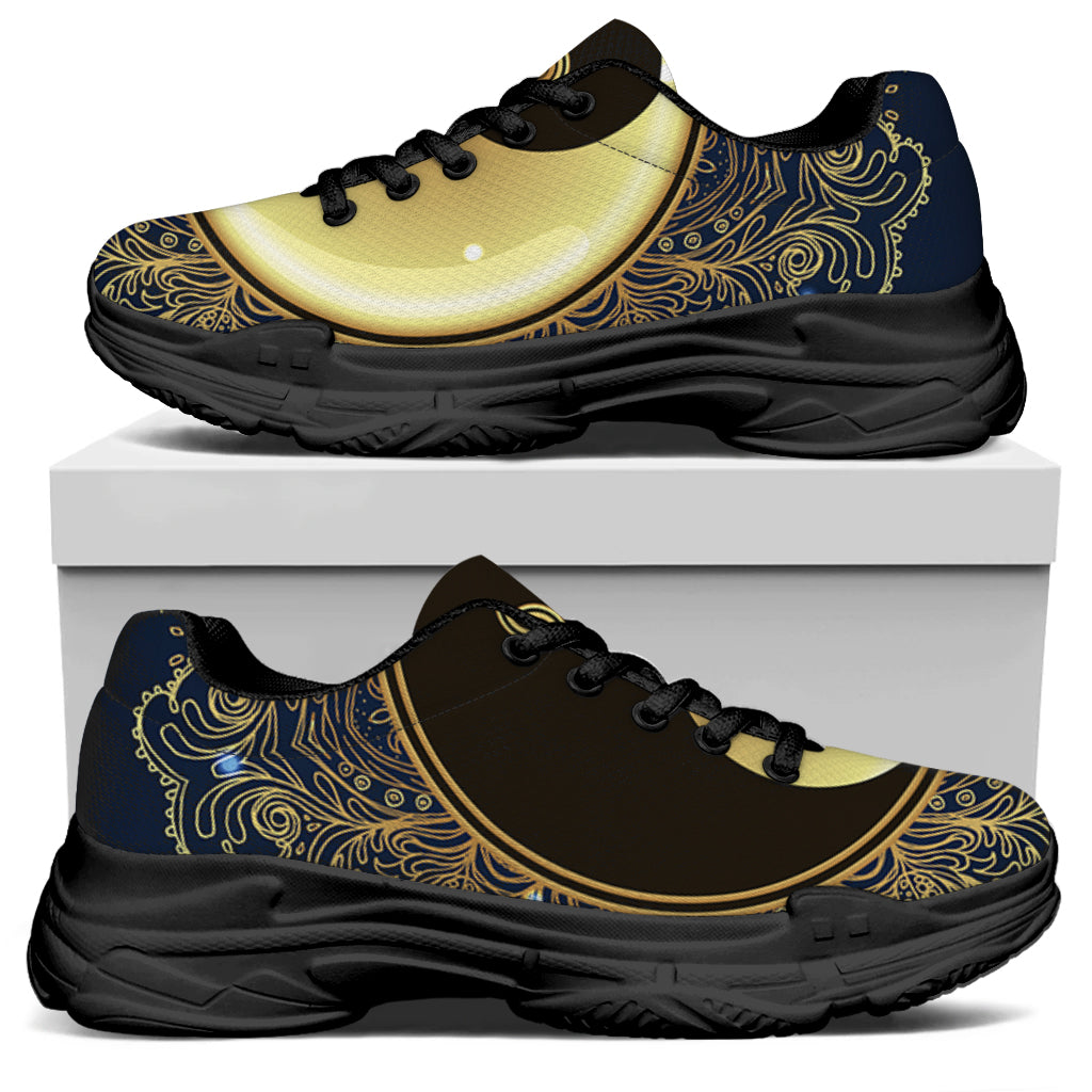 Gold Yin Yang Mandala Print Black Chunky Shoes