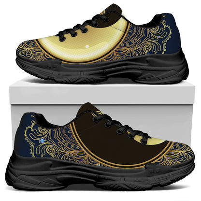 Gold Yin Yang Mandala Print Black Chunky Shoes