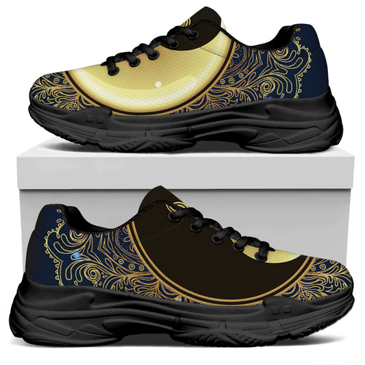 Gold Yin Yang Mandala Print Black Chunky Shoes