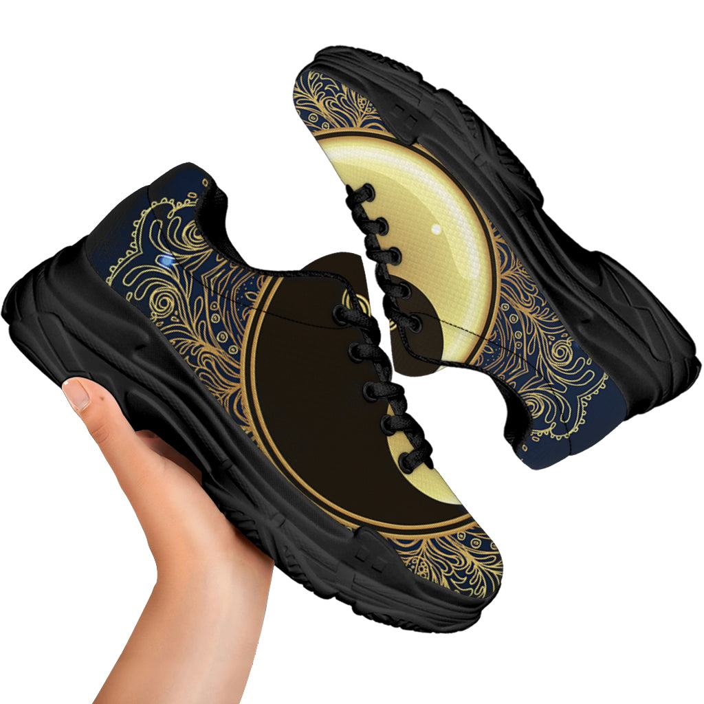 Gold Yin Yang Mandala Print Black Chunky Shoes