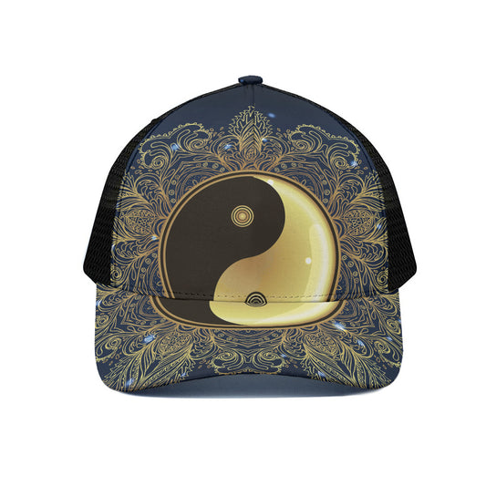 Gold Yin Yang Mandala Print Black Mesh Trucker Cap