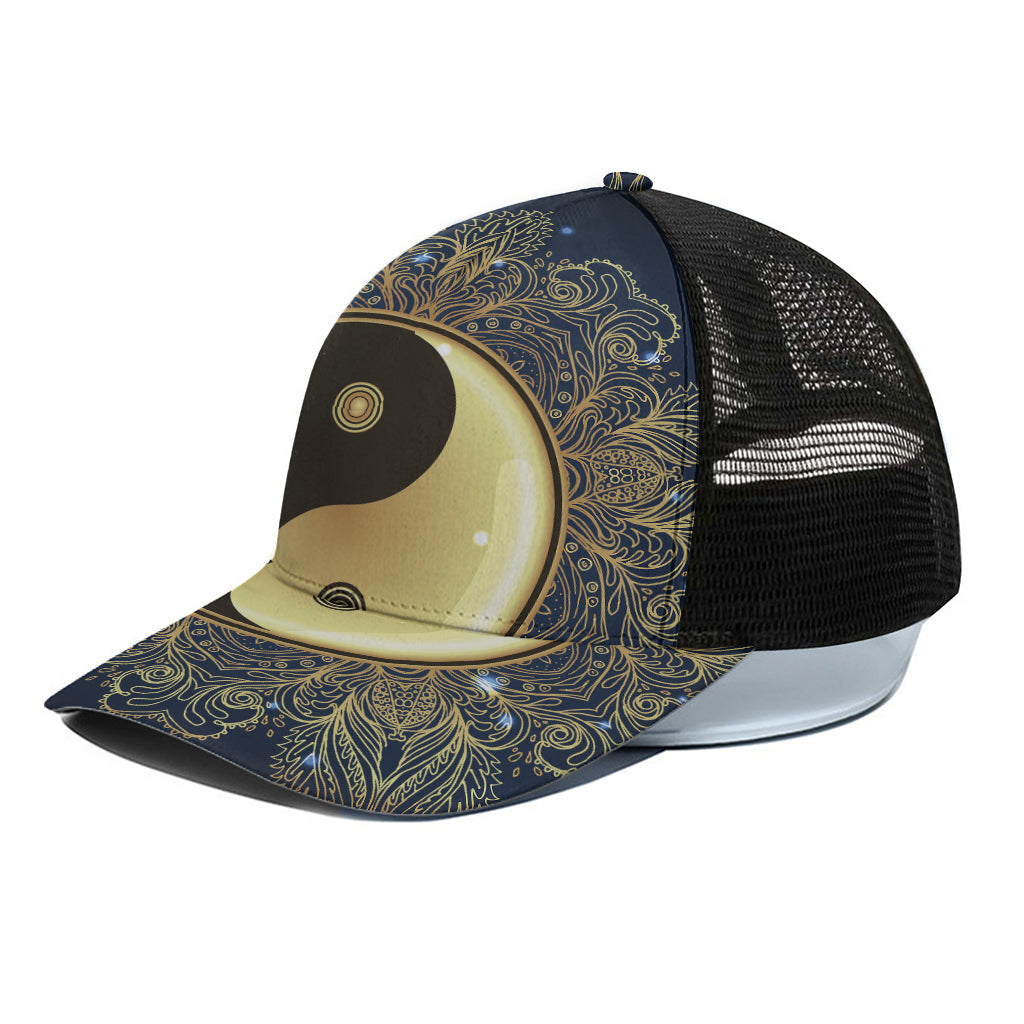 Gold Yin Yang Mandala Print Black Mesh Trucker Cap