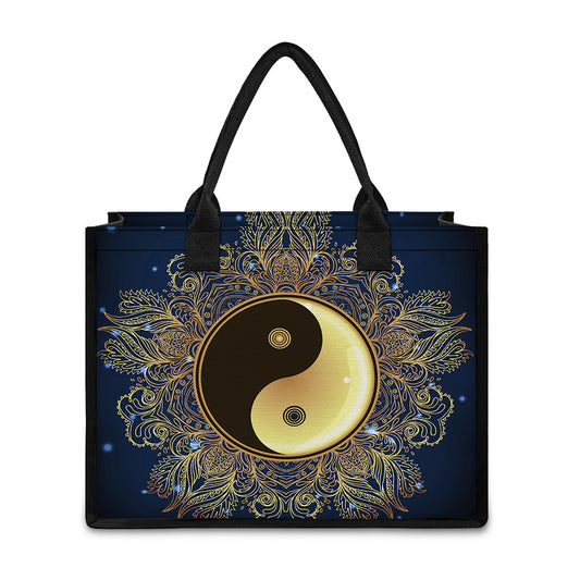 Gold Yin Yang Mandala Print Canvas Tote Bag