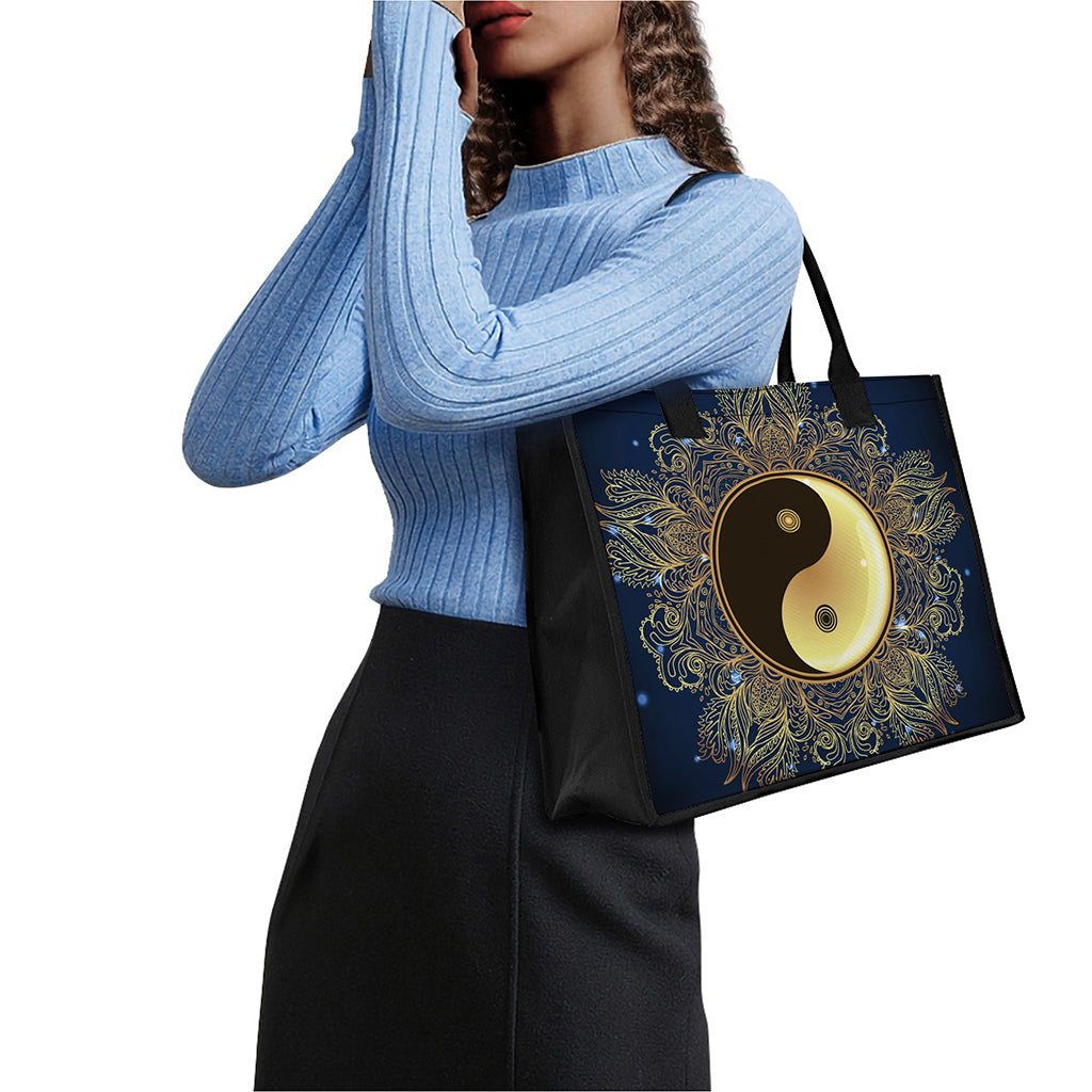 Gold Yin Yang Mandala Print Canvas Tote Bag