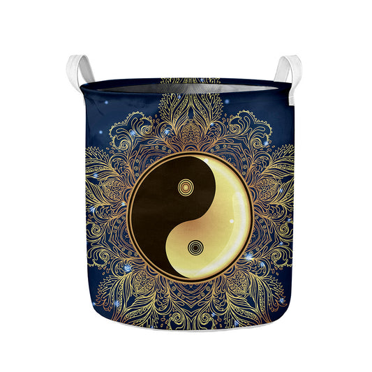 Gold Yin Yang Mandala Print Collapsible Laundry Basket