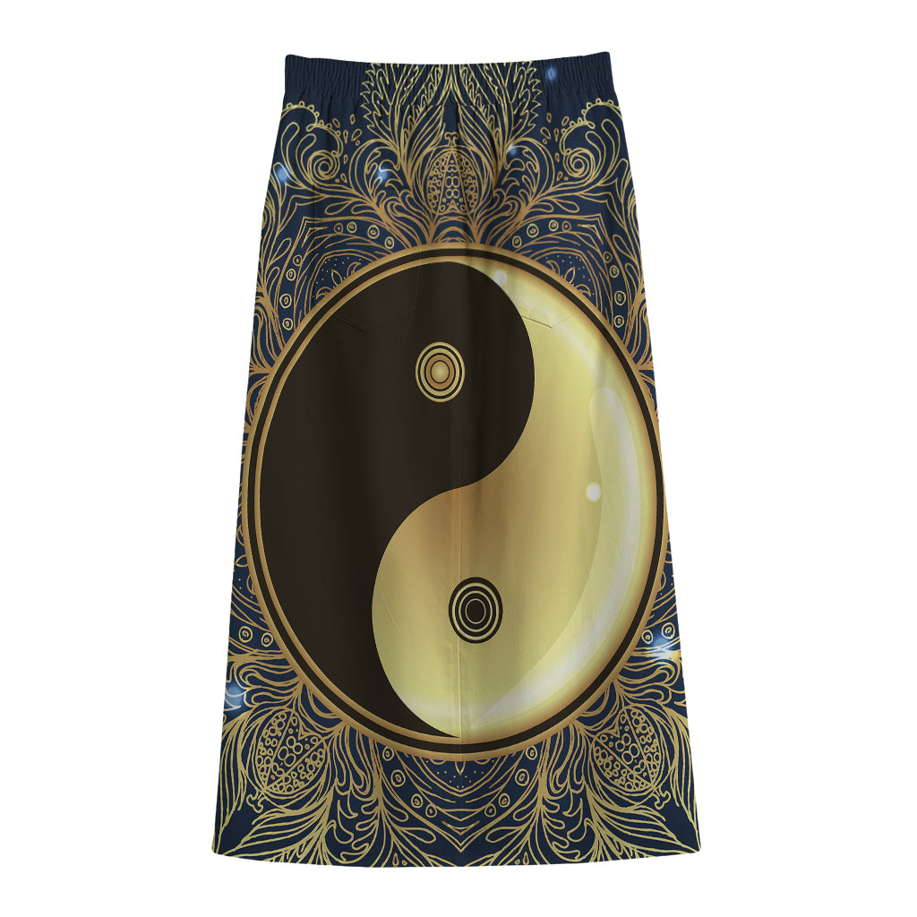 Gold Yin Yang Mandala Print Cotton Front Slit Maxi Skirt